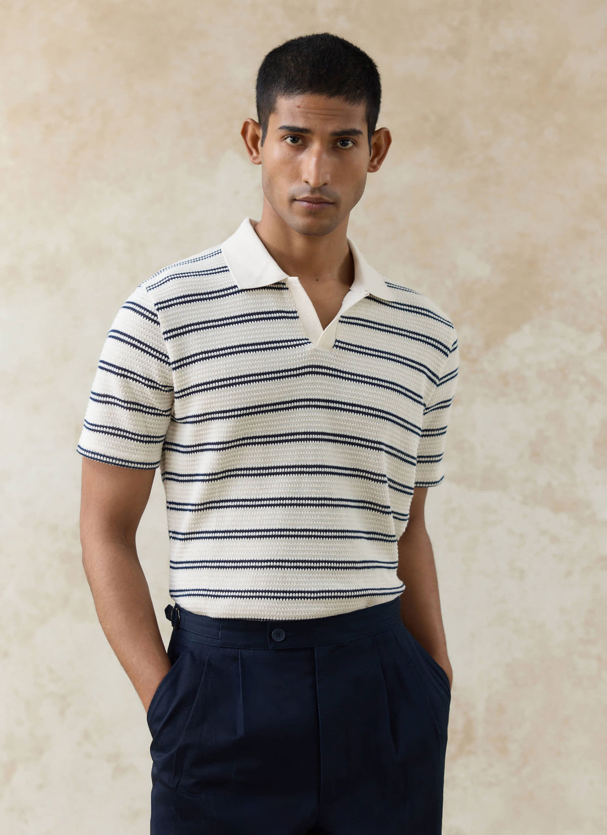 Men's Knitted Polo Shirt - Moore - Cotton - Cream Stripe | Percival Quality