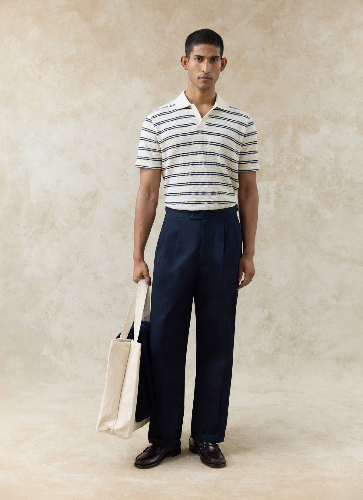 Men's Knitted Polo Shirt - Moore - Cotton - Cream Stripe | Percival Quality