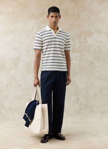 Men's Knitted Polo Shirt - Moore - Cotton - Cream Stripe | Percival Quality