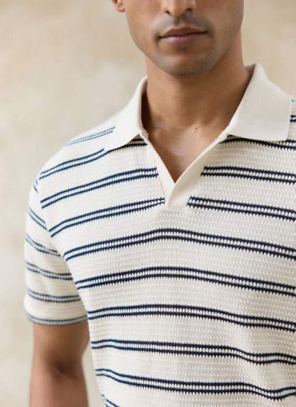 Men's Knitted Polo Shirt - Moore - Cotton - Cream Stripe | Percival Quality
