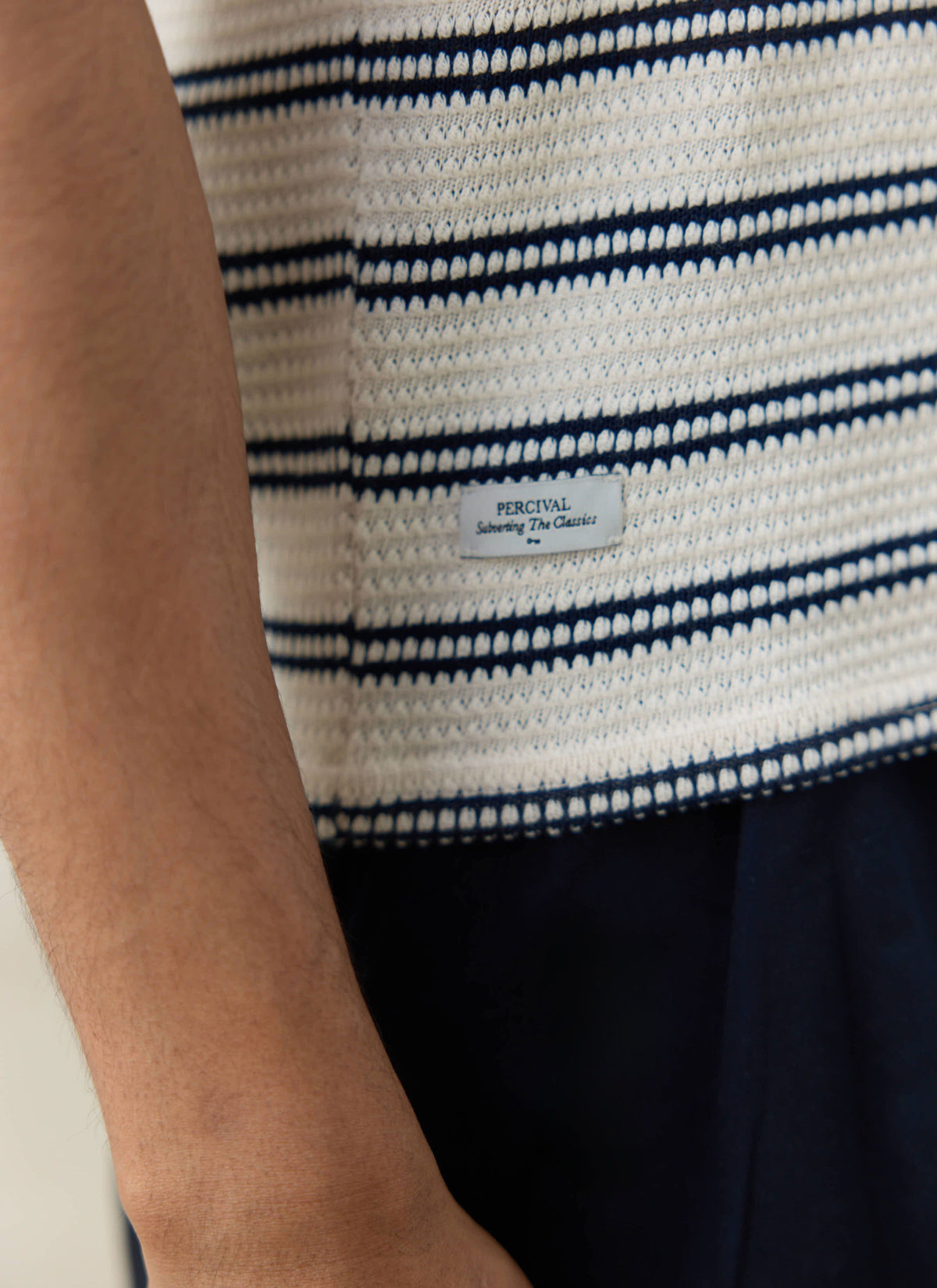 Men's Knitted Polo Shirt - Moore - Cotton - Cream Stripe | Percival Quality