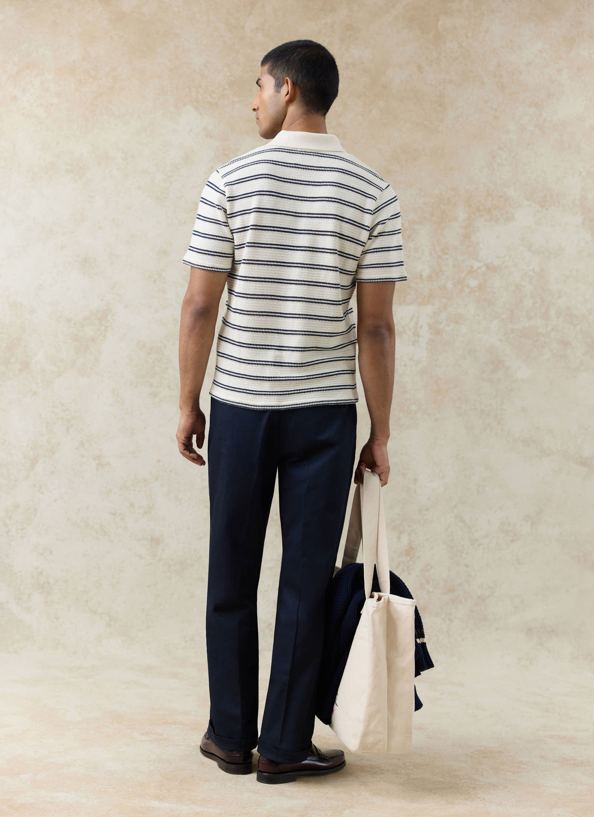 Men's Knitted Polo Shirt - Moore - Cotton - Cream Stripe | Percival Quality