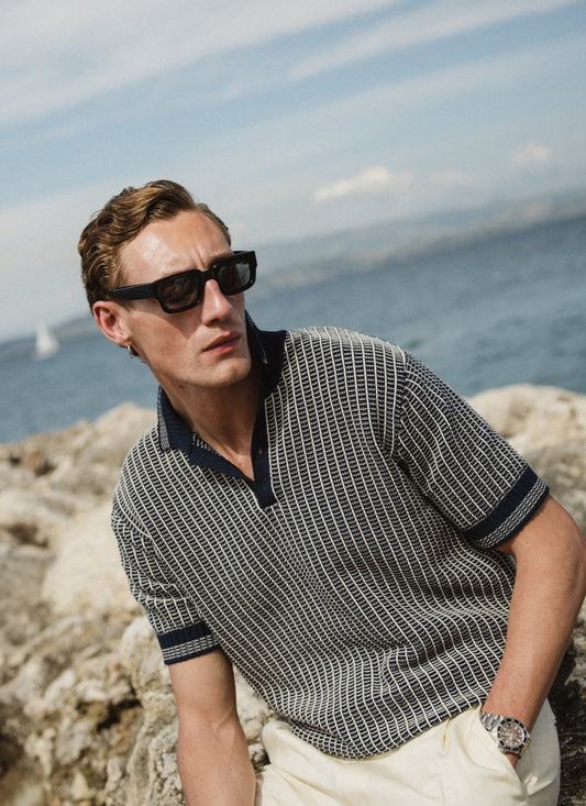 Men's Knitted Polo Shirt: Claude - Cotton - Navy Blue | Percival Classic
