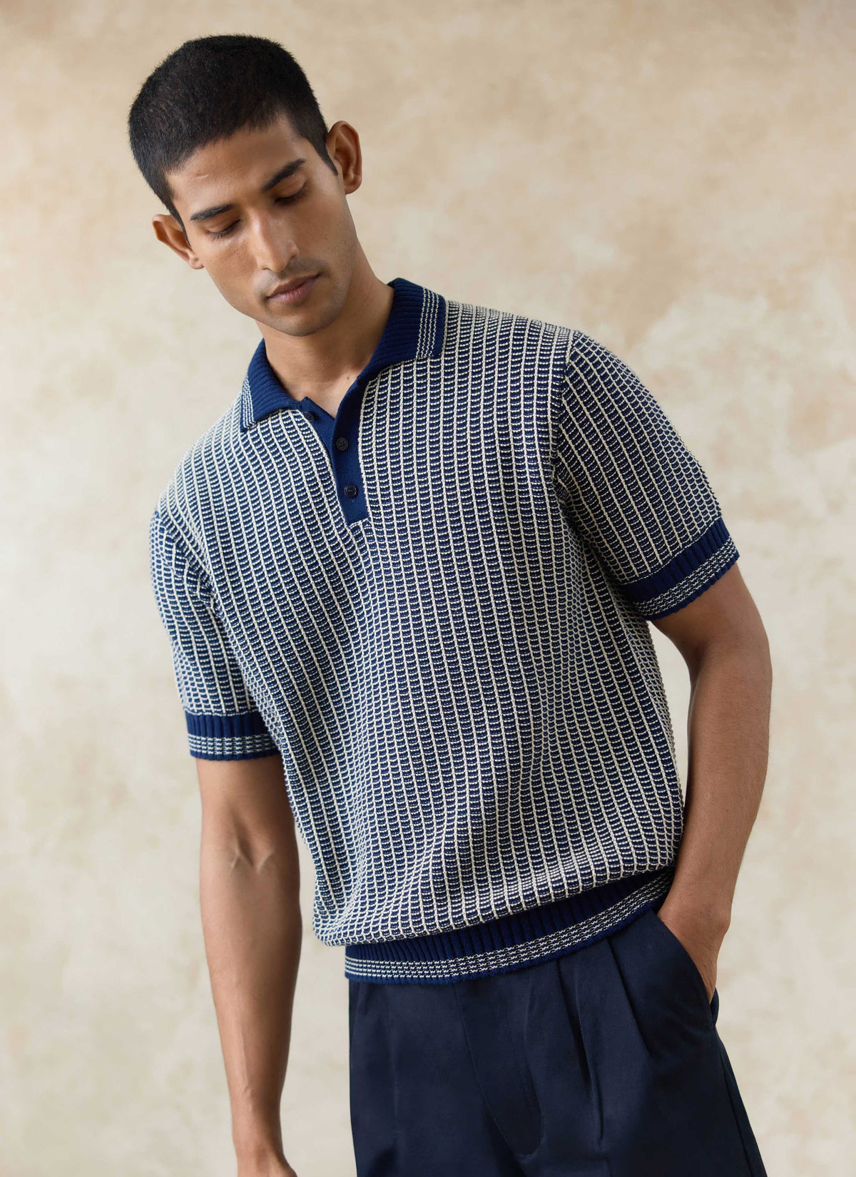 Men's Knitted Polo Shirt: Claude - Cotton - Navy Blue | Percival Classic