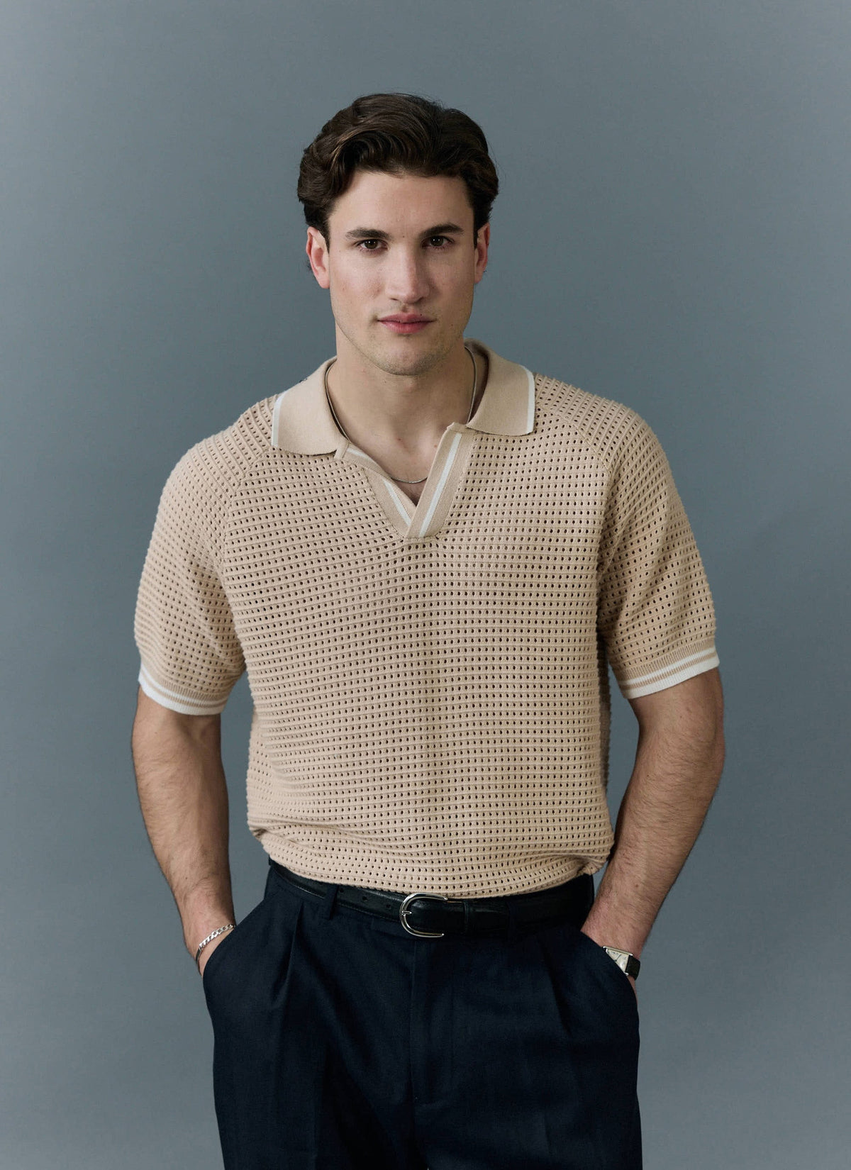 Men's Tennis Knit Polo Shirt - Cotton - Ecru Cream | Percival Sale