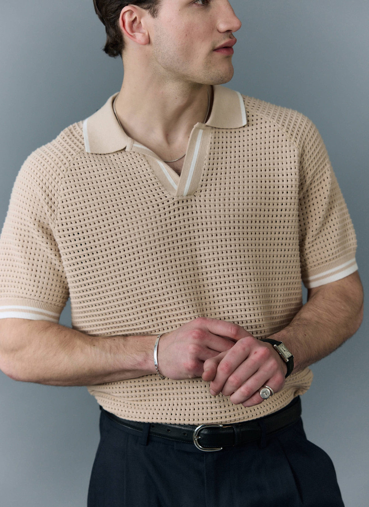 Men's Tennis Knit Polo Shirt - Cotton - Ecru Cream | Percival Sale