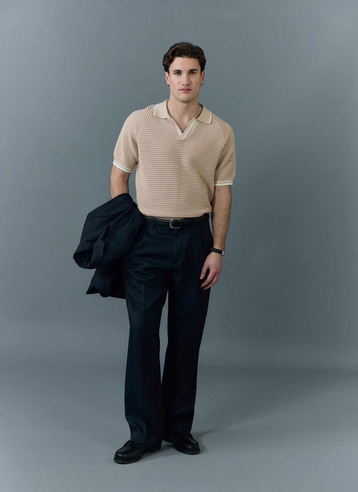 Men's Tennis Knit Polo Shirt - Cotton - Ecru Cream | Percival Sale
