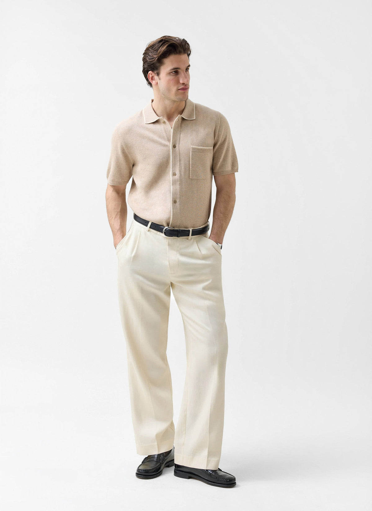 Men's Contrast Trim Knitted Shirt - Cotton - Beige | Percival Exclusive