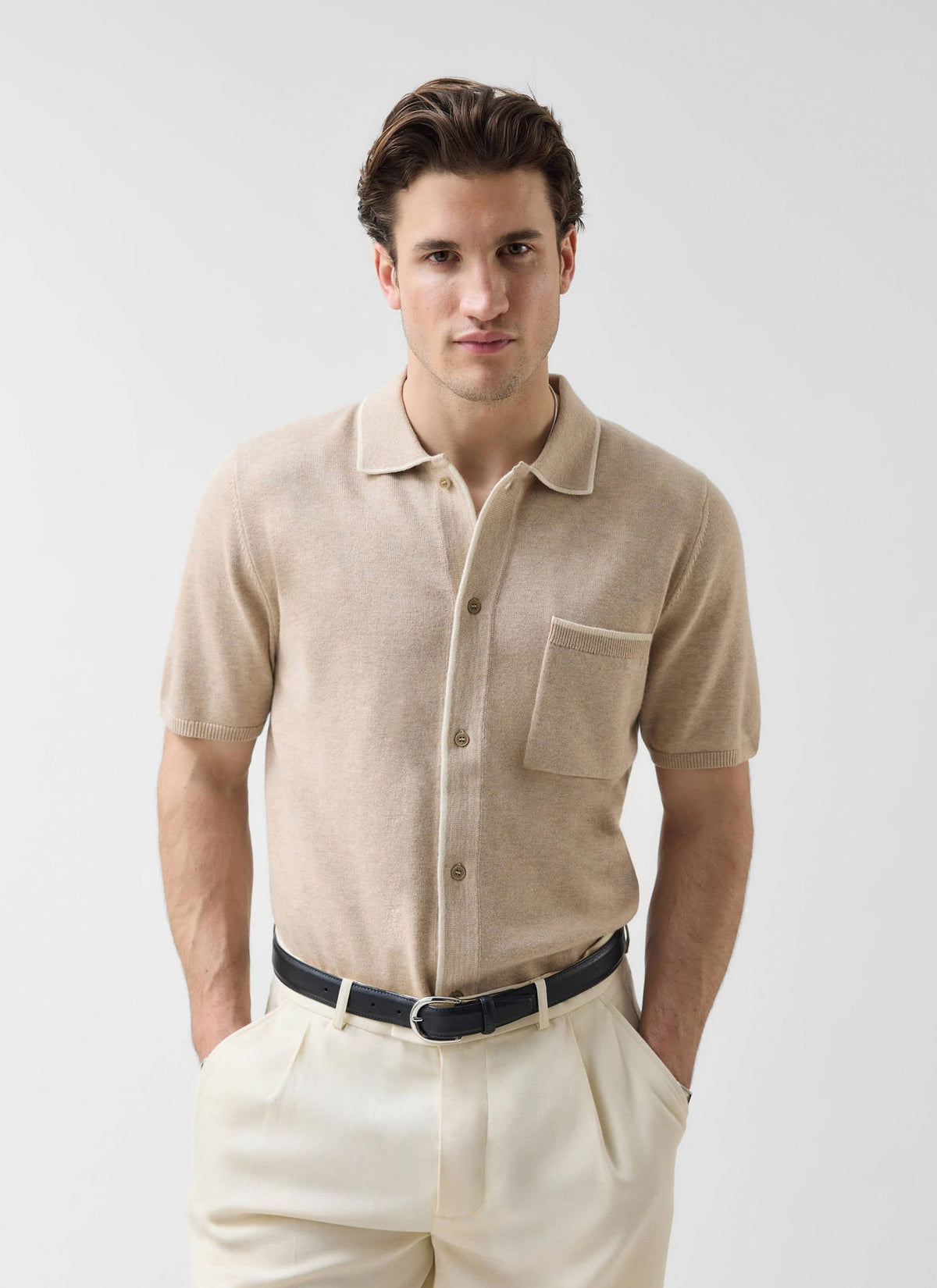 Men's Contrast Trim Knitted Shirt - Cotton - Beige | Percival Exclusive