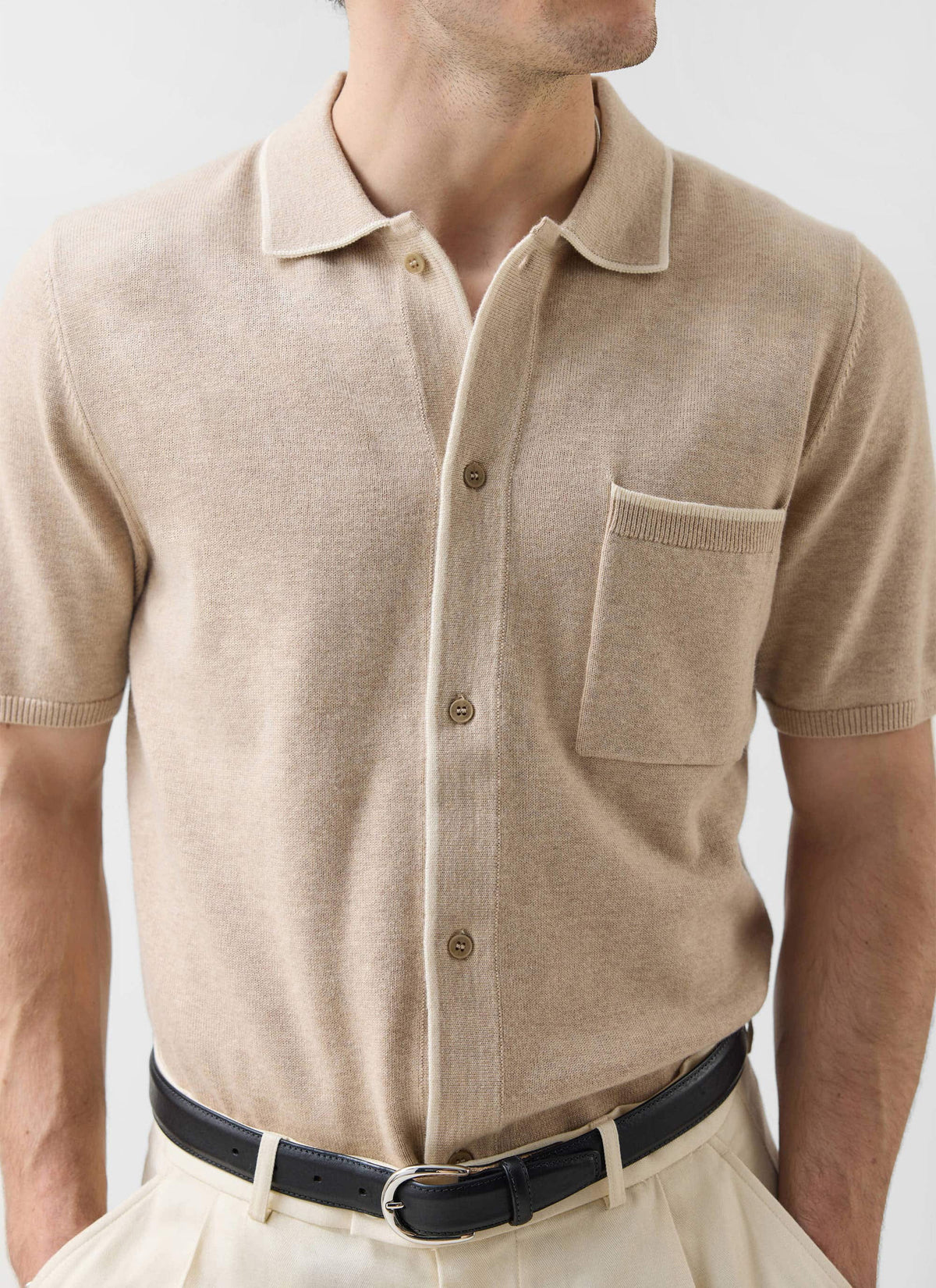 Men's Contrast Trim Knitted Shirt - Cotton - Beige | Percival Exclusive
