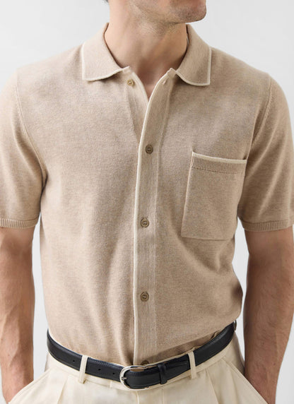 Men's Contrast Trim Knitted Shirt - Cotton - Beige | Percival Exclusive