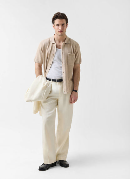 Men's Contrast Trim Knitted Shirt - Cotton - Beige | Percival Exclusive