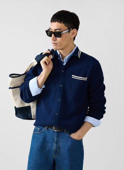 Men's Long Sleeve Knit Shirt - Pablo - Navy Blue | Percival Best Price