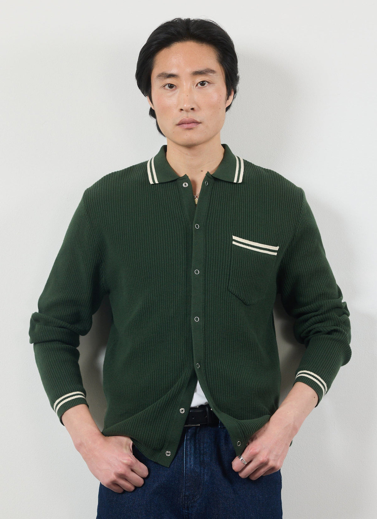 Men's Long Sleeve Knit Shirt - Pablo - Forest Green | Percival Sale