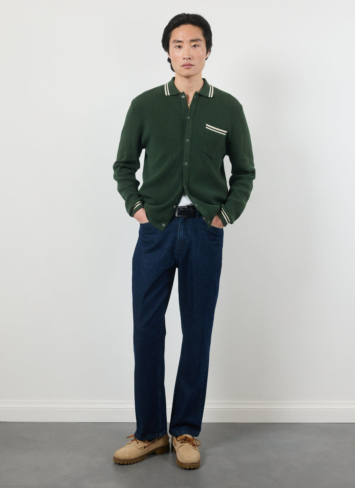 Men's Long Sleeve Knit Shirt - Pablo - Forest Green | Percival Sale