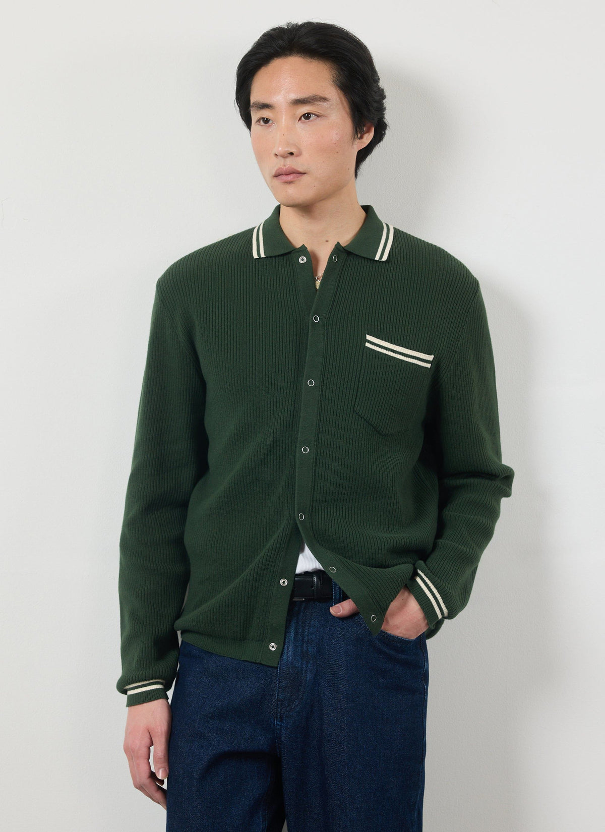 Men's Long Sleeve Knit Shirt - Pablo - Forest Green | Percival Sale