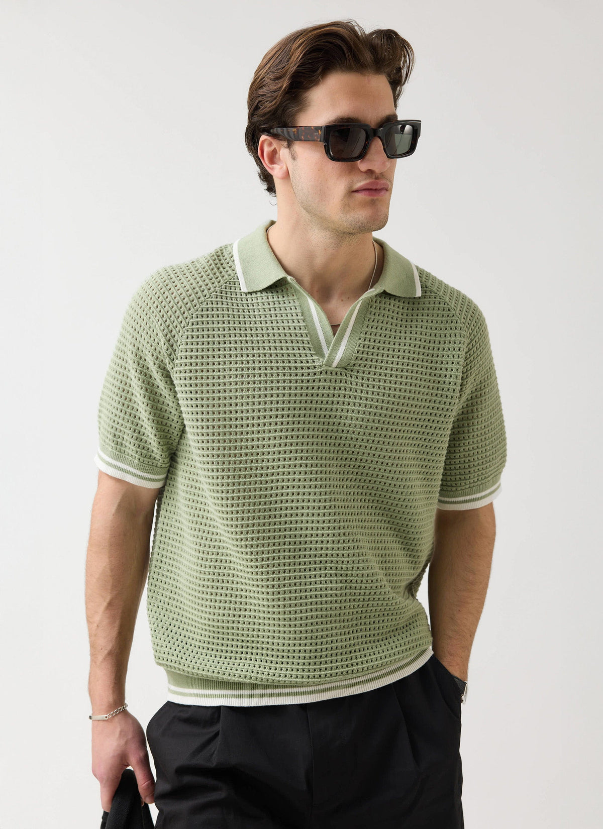 Men's Tennis Knit Polo Shirt - Cotton - Sage Green | Percival Special Offer