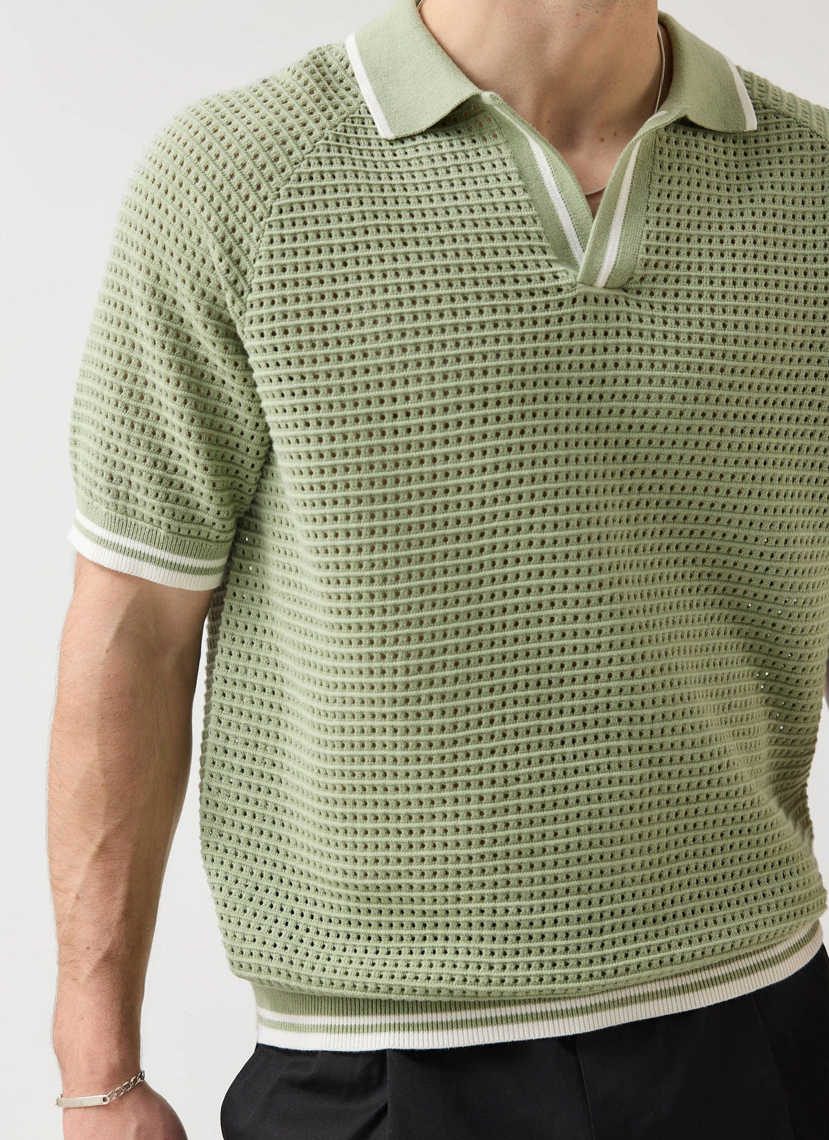 Men's Tennis Knit Polo Shirt - Cotton - Sage Green | Percival Special Offer