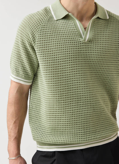 Men's Tennis Knit Polo Shirt - Cotton - Sage Green | Percival Special Offer
