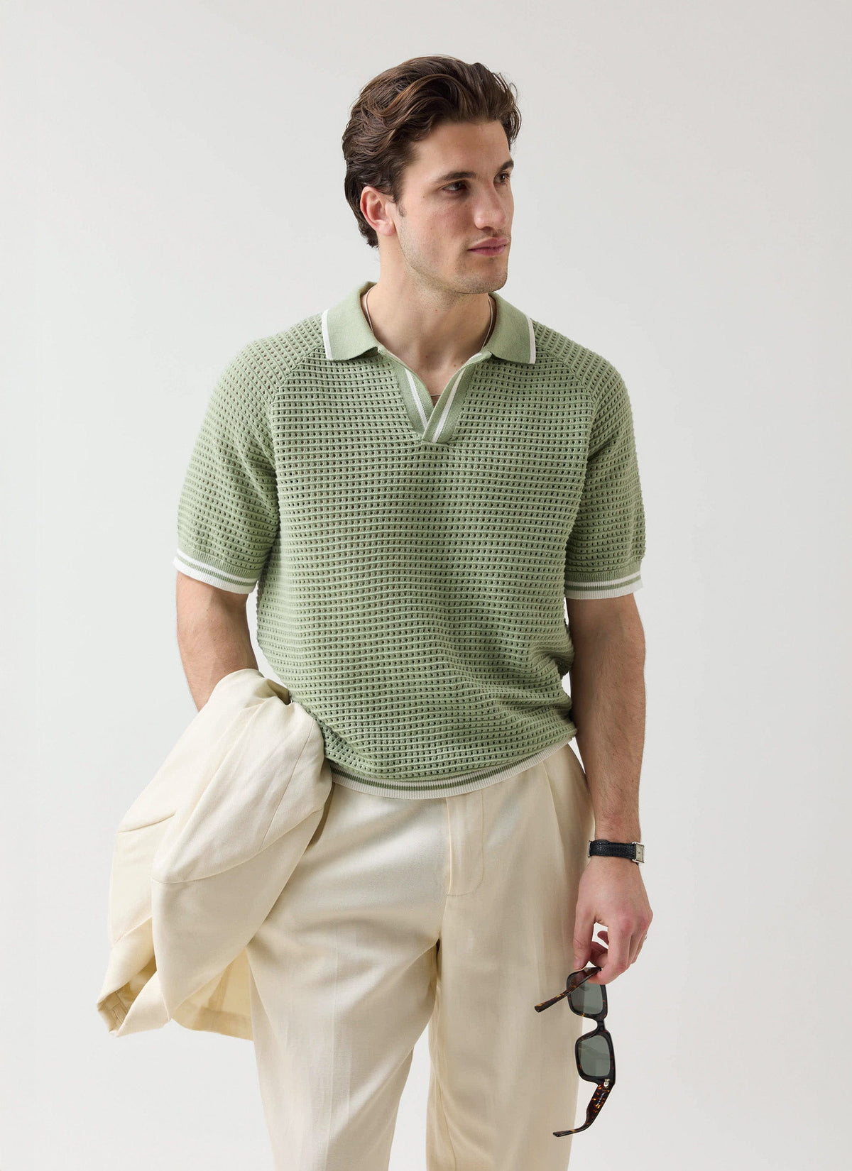 Men's Tennis Knit Polo Shirt - Cotton - Sage Green | Percival Special Offer