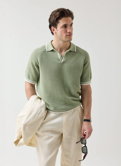 Men's Tennis Knit Polo Shirt - Cotton - Sage Green | Percival Special Offer