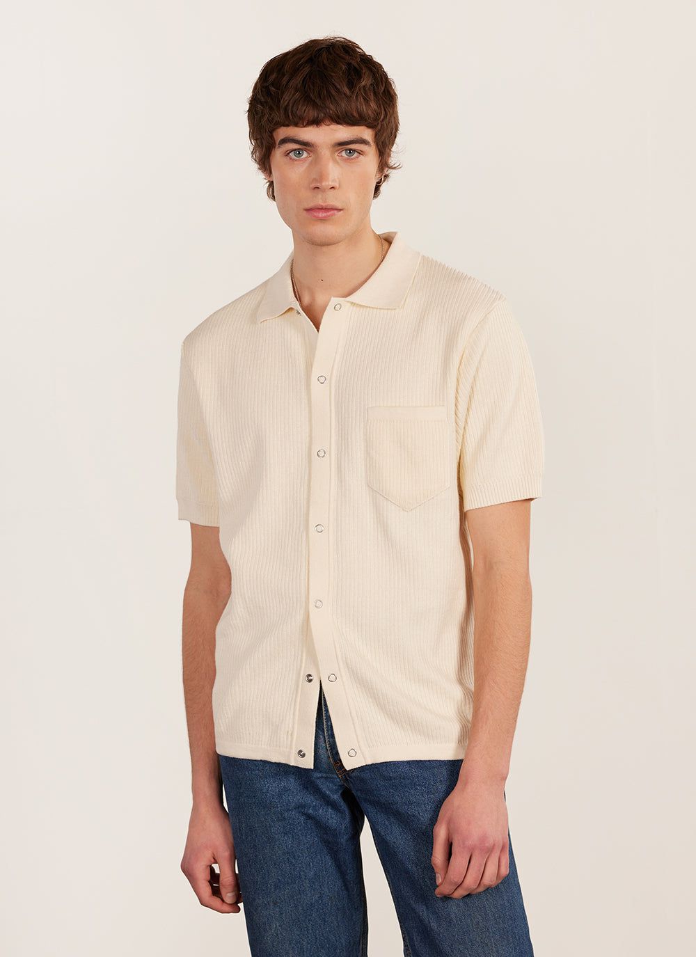 Men's Short Sleeve Knitted Shirt - Cuban Collar - Cream | Percival Essential