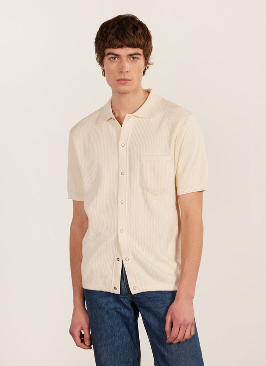 Men's Short Sleeve Knitted Shirt - Cuban Collar - Cream | Percival Essential