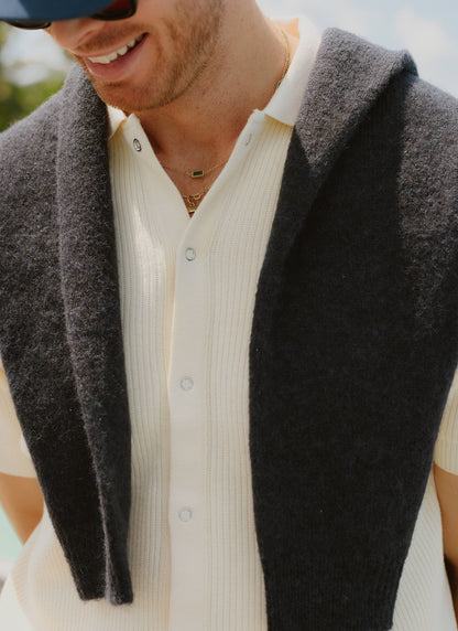 Men's Short Sleeve Knitted Shirt - Cuban Collar - Cream | Percival Essential