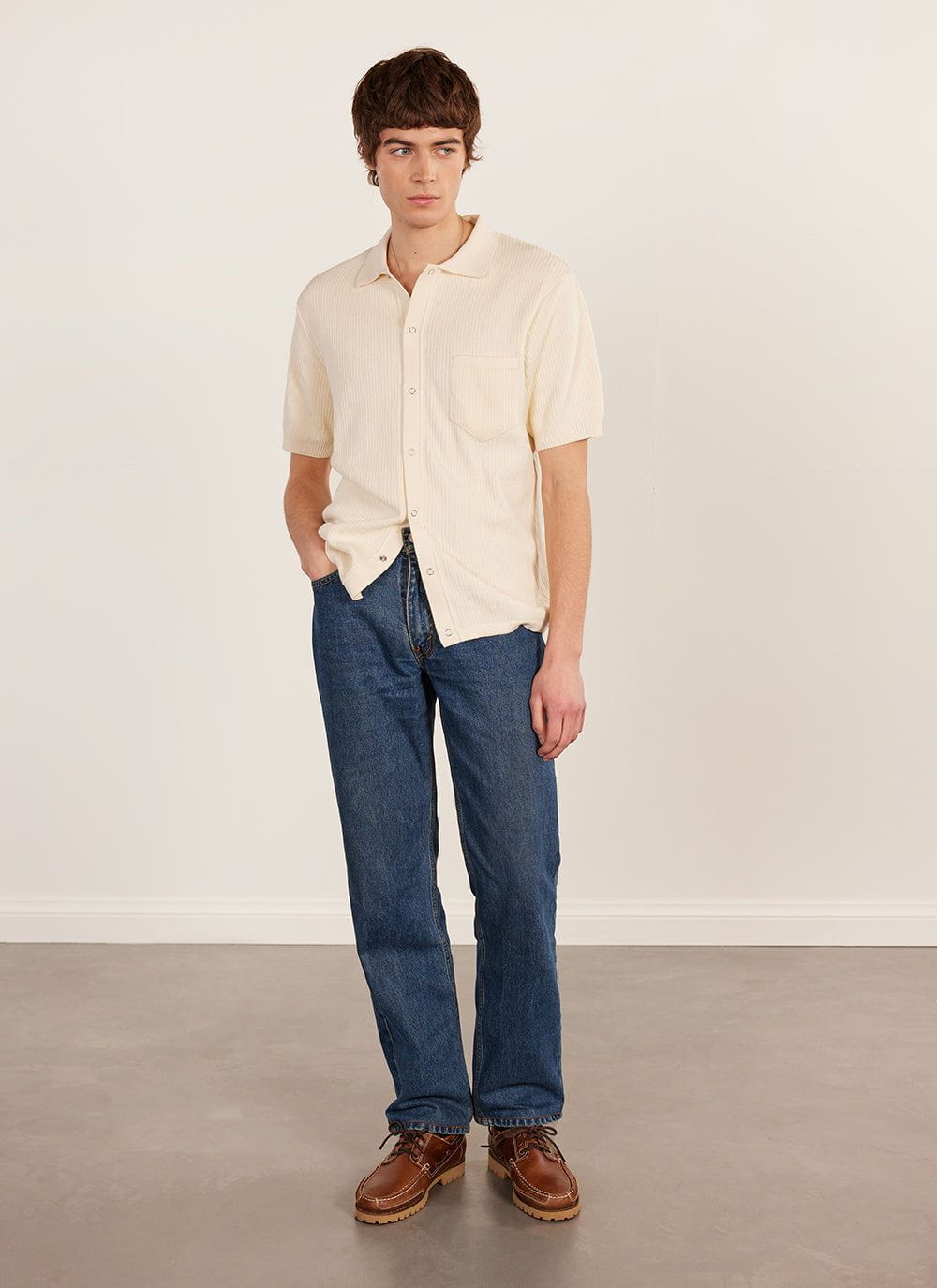 Men's Short Sleeve Knitted Shirt - Cuban Collar - Cream | Percival Essential