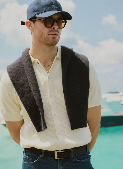 Men's Short Sleeve Knitted Shirt - Cuban Collar - Cream | Percival Essential