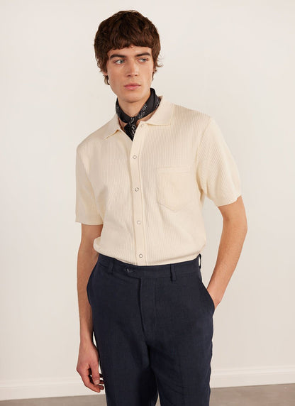 Men's Short Sleeve Knitted Shirt - Cuban Collar - Cream | Percival Essential