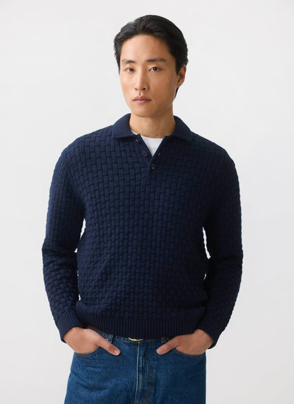 Men's Long Sleeve Knitted Polo Shirt: Archer - Cotton - Navy | Percival Customer Favorite