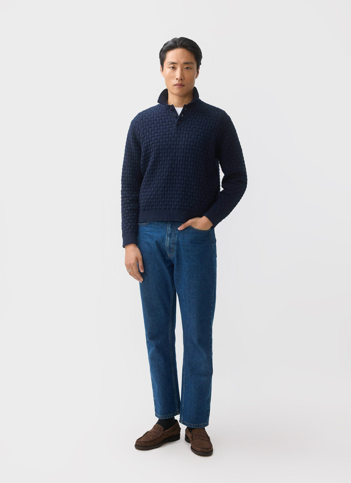 Men's Long Sleeve Knitted Polo Shirt: Archer - Cotton - Navy | Percival Customer Favorite