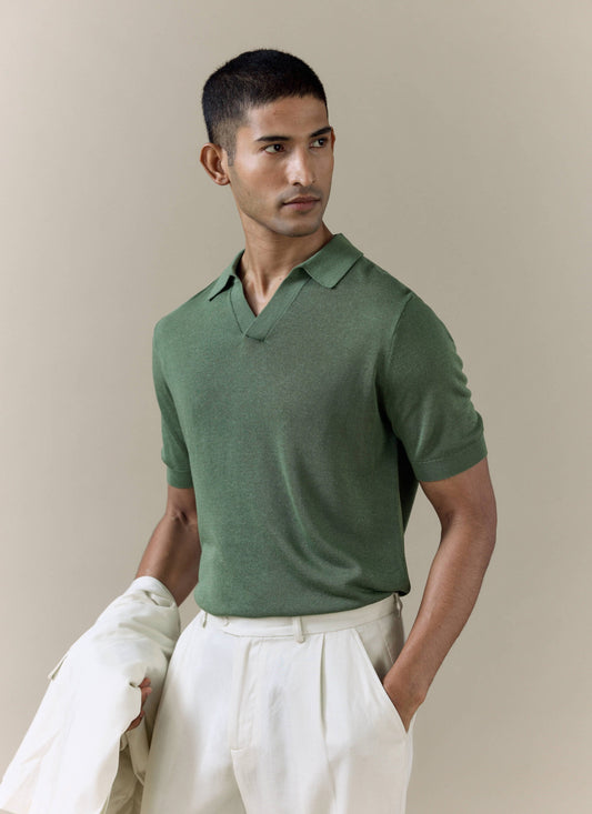Men's Knitted Polo Shirt: Laurence - Open Collar - Forest Green | Percival Classic