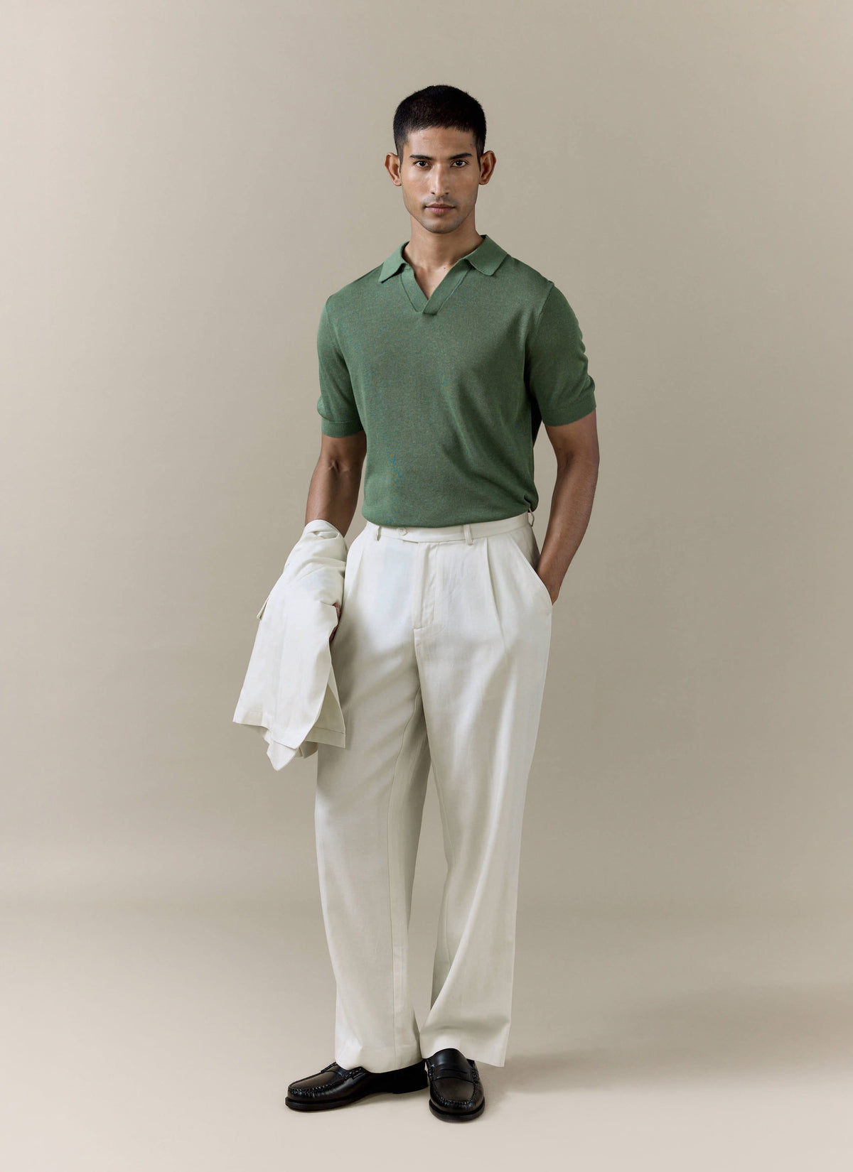 Men's Knitted Polo Shirt: Laurence - Open Collar - Forest Green | Percival Classic