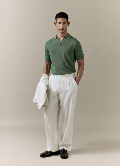 Men's Knitted Polo Shirt: Laurence - Open Collar - Forest Green | Percival Classic