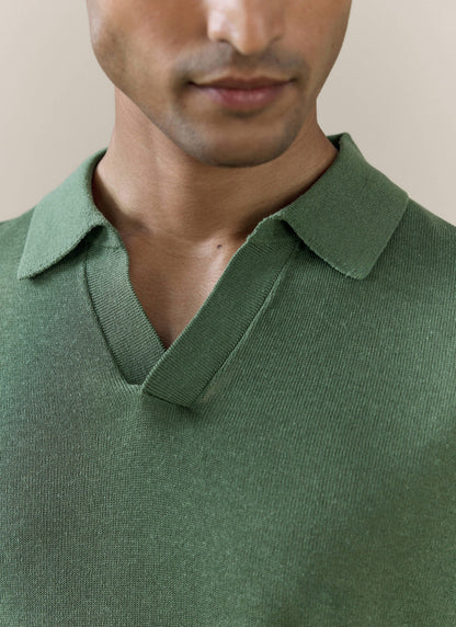 Men's Knitted Polo Shirt: Laurence - Open Collar - Forest Green | Percival Classic