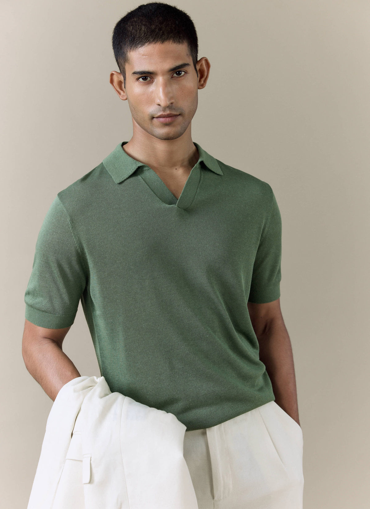 Men's Knitted Polo Shirt: Laurence - Open Collar - Forest Green | Percival Classic