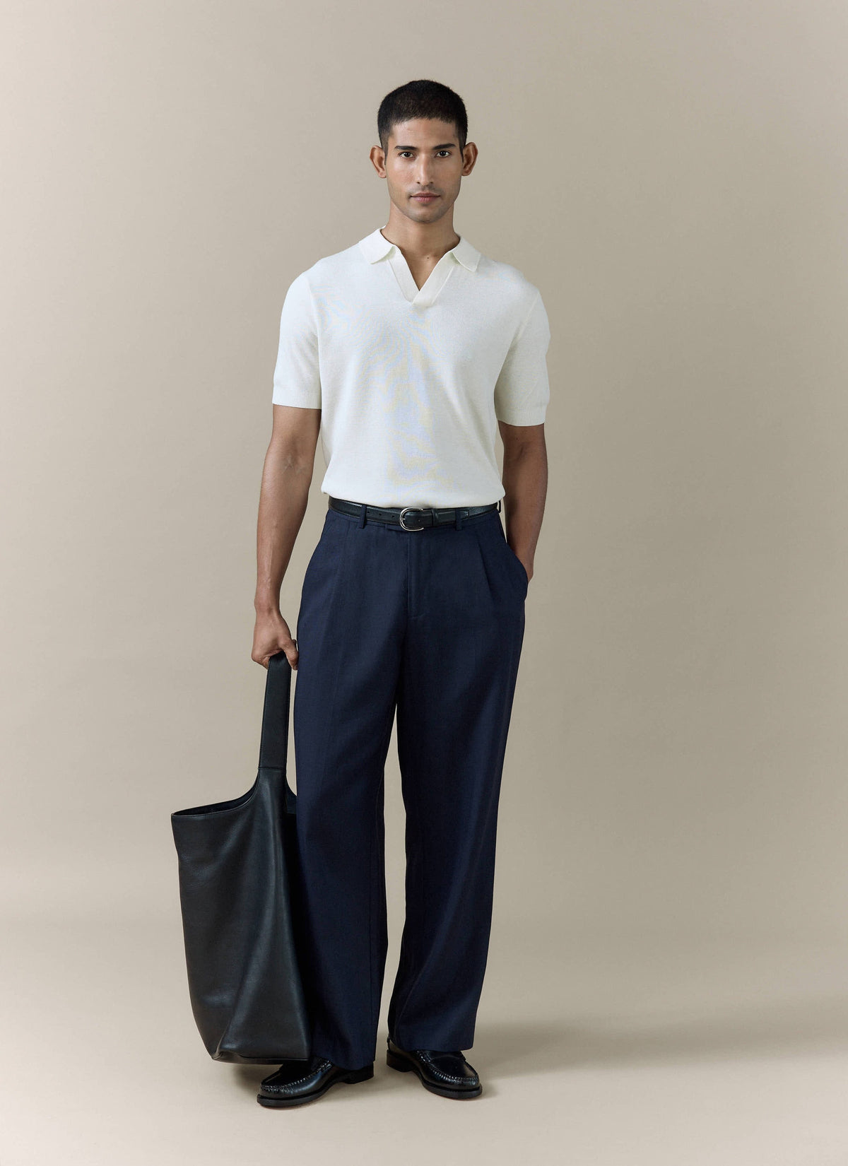 Men's Knitted Polo Shirt: Laurence - Open Collar - Cream | Percival Popular