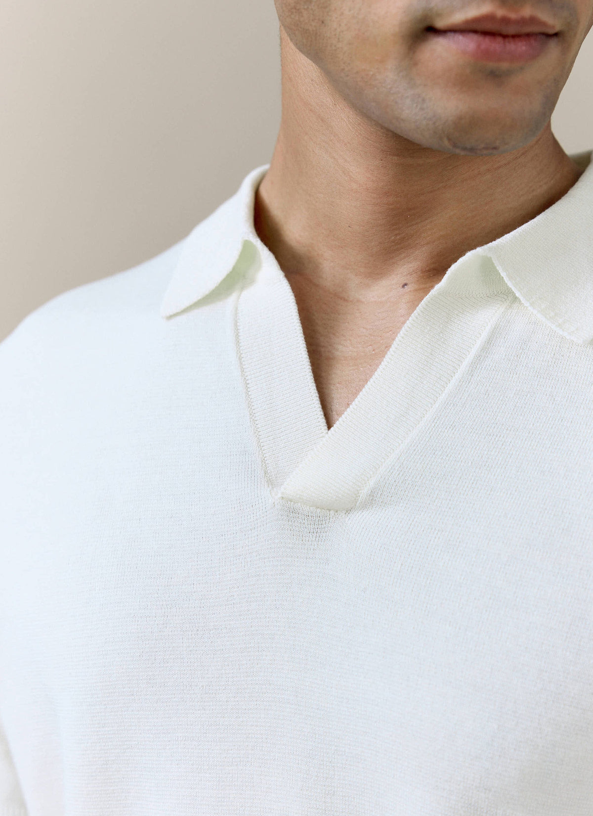 Men's Knitted Polo Shirt: Laurence - Open Collar - Cream | Percival Popular