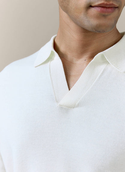 Men's Knitted Polo Shirt: Laurence - Open Collar - Cream | Percival Popular