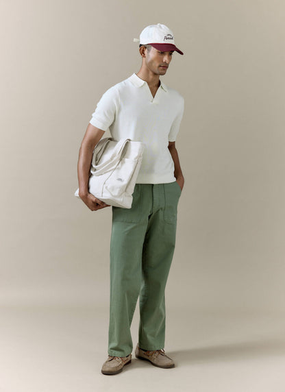 Men's Knitted Polo Shirt: Laurence - Open Collar - Cream | Percival Popular