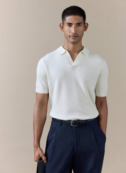 Men's Knitted Polo Shirt: Laurence - Open Collar - Cream | Percival Popular