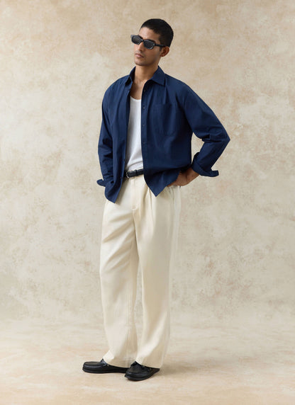 Men's Relaxed Fit Poplin Shirt: Dali - Cotton - Navy Blue | Percival Popular