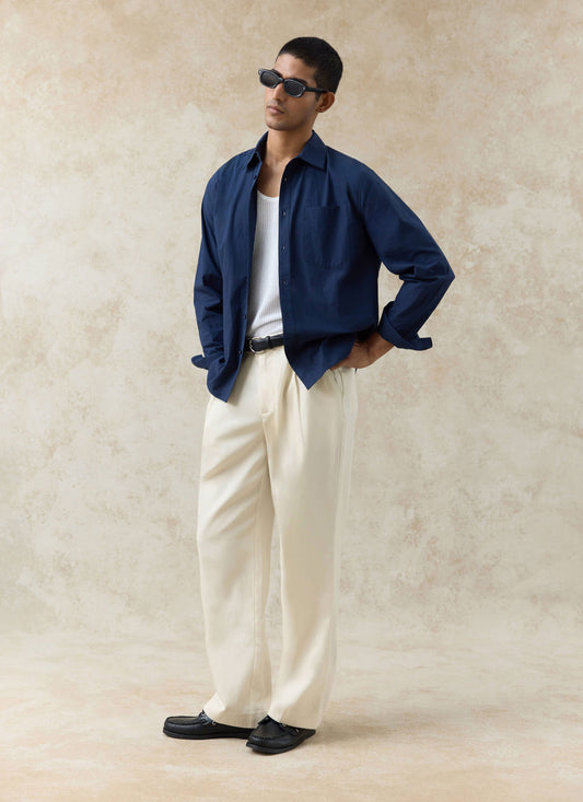 Men's Relaxed Fit Poplin Shirt: Dali - Cotton - Navy Blue | Percival Popular