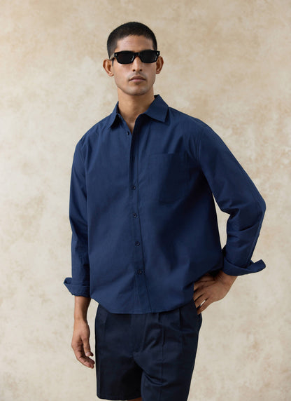 Men's Relaxed Fit Poplin Shirt: Dali - Cotton - Navy Blue | Percival Popular