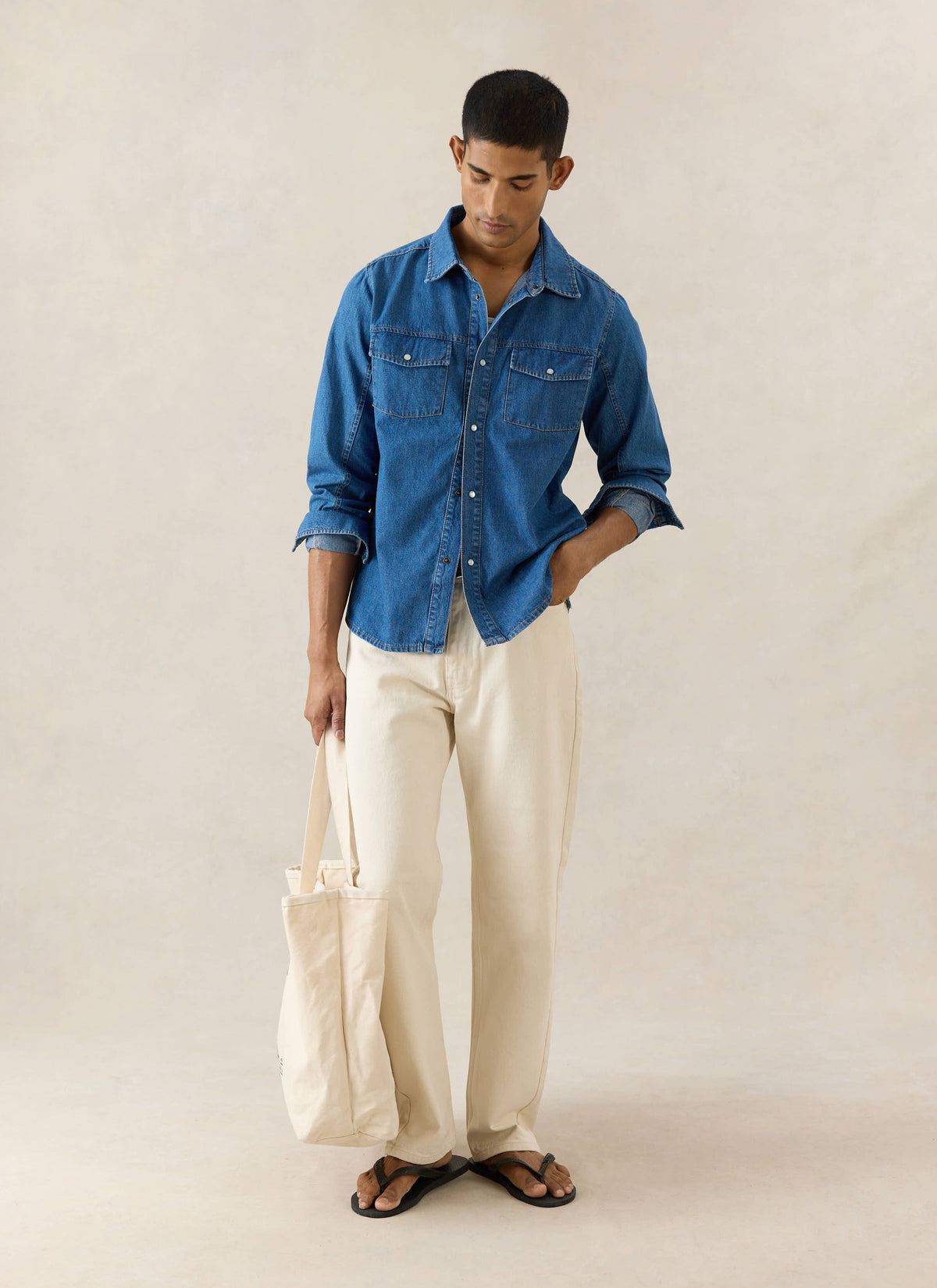 Men's Denim Western Shirt - Cotton - Mid Wash Blue - Percival | Percival Popular