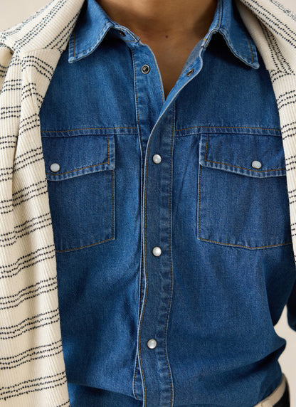 Men's Denim Western Shirt - Cotton - Mid Wash Blue - Percival | Percival Popular