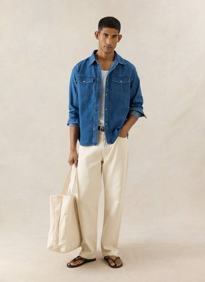 Men's Denim Western Shirt - Cotton - Mid Wash Blue - Percival | Percival Popular