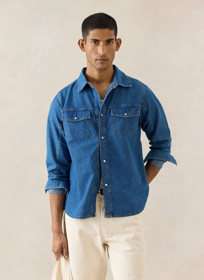 Men's Denim Western Shirt - Cotton - Mid Wash Blue - Percival | Percival Popular